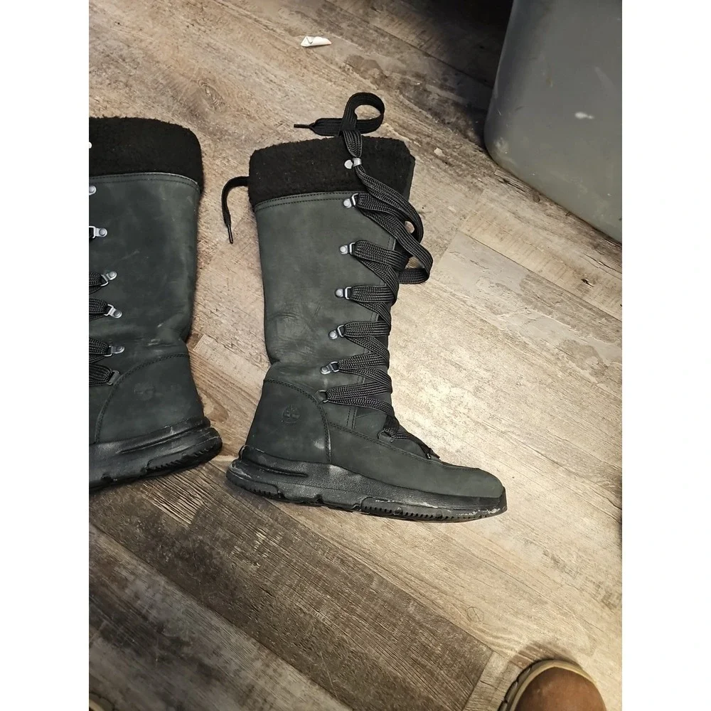 Timberland Women KNEE SNOW BOOTS 7‎ Black Lace Rugged Leather WARM NEW $198
